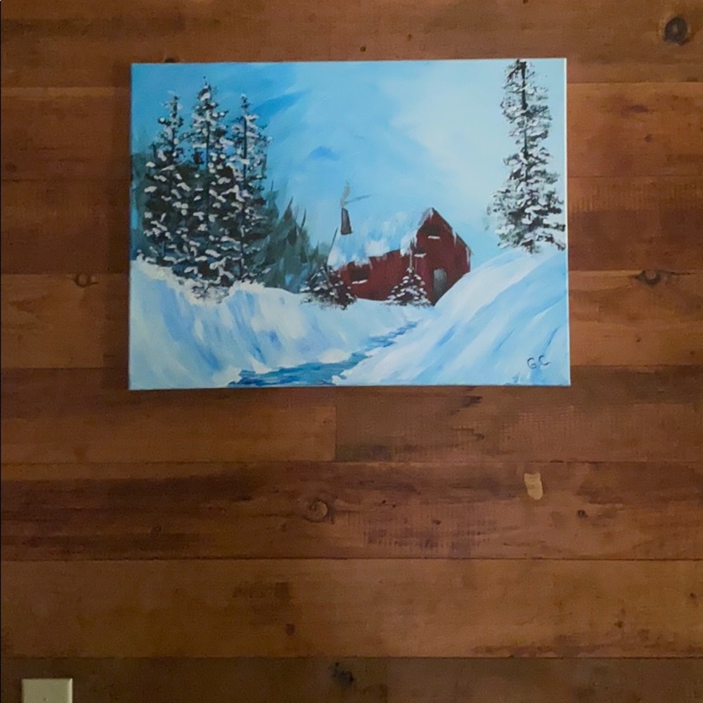Christmas snow cabin painting